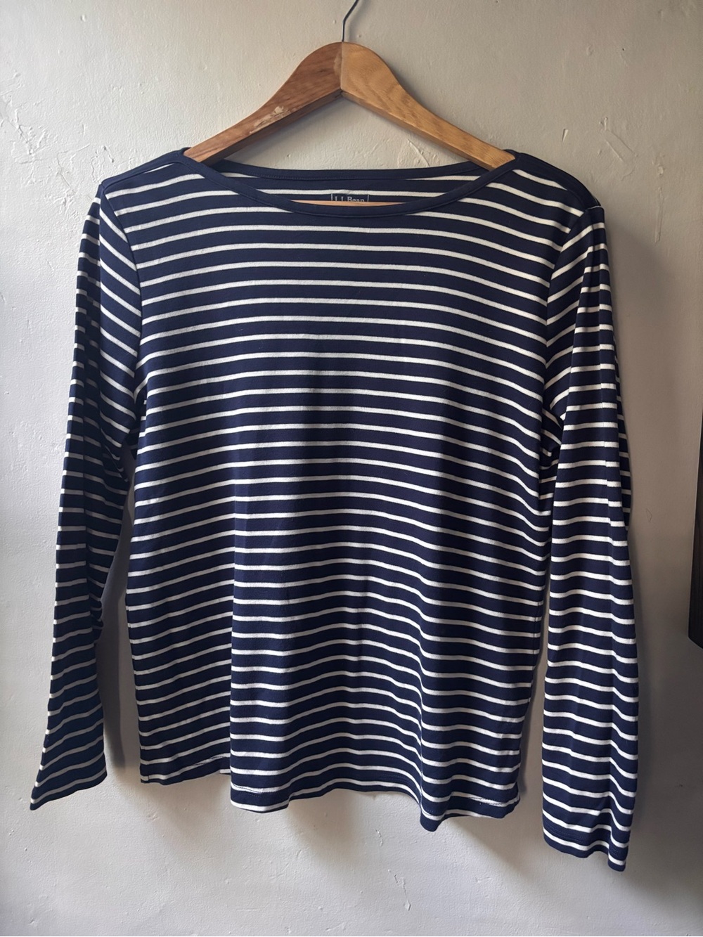 LL Bean Mariner Shirt L Blue White Striped Boatneck Full Length Sleeve Nautical